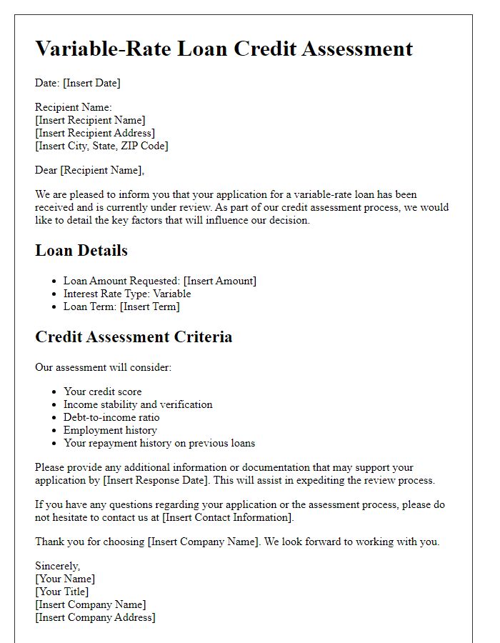 Letter template of variable-rate loan credit assessment.