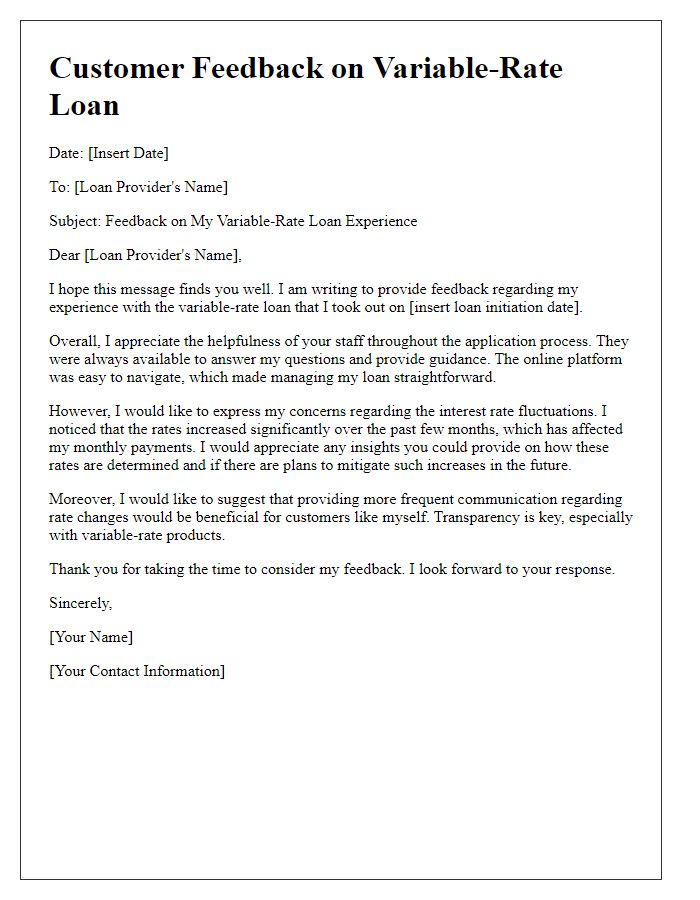 Letter template of variable-rate loan customer feedback.