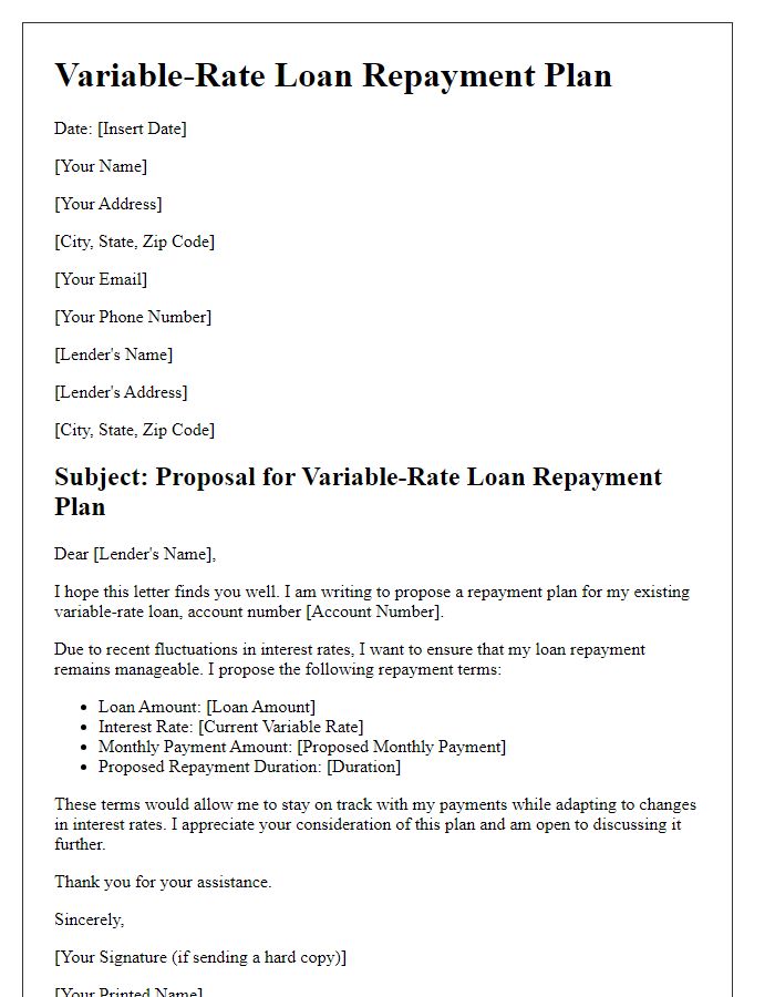 Letter template of variable-rate loan repayment plan.