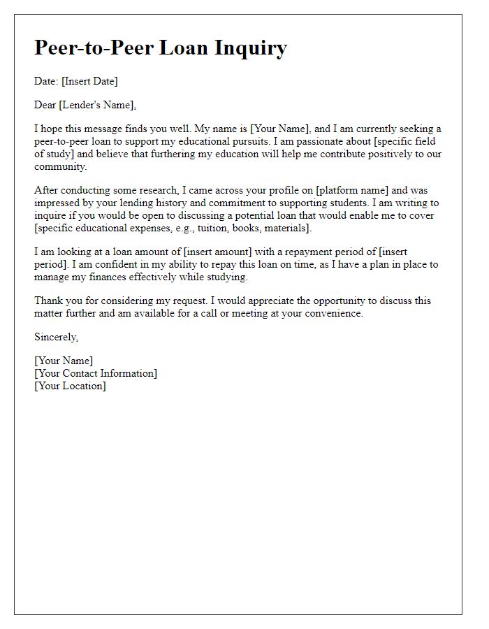 Letter template of peer-to-peer loan inquiry for educational purposes