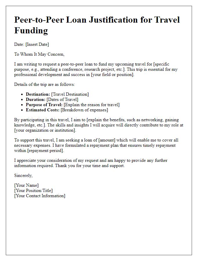 Letter template of peer-to-peer loan justification for travel funding