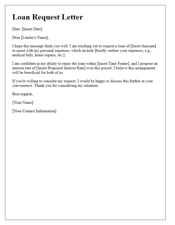 Letter template of peer-to-peer loan request for personal expenses