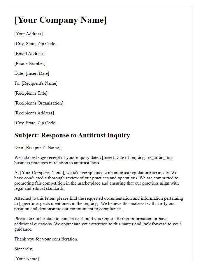 Letter template of response to antitrust inquiry