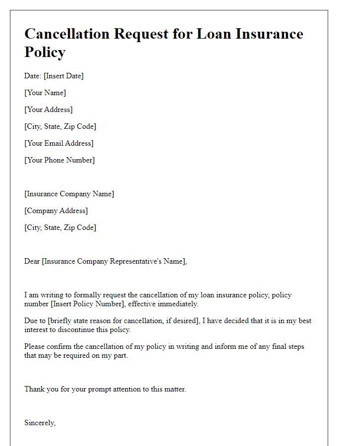 Letter template of cancellation request for loan insurance policy.