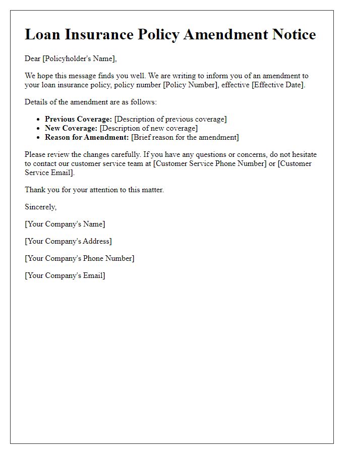 Letter template of loan insurance policy amendment notice.