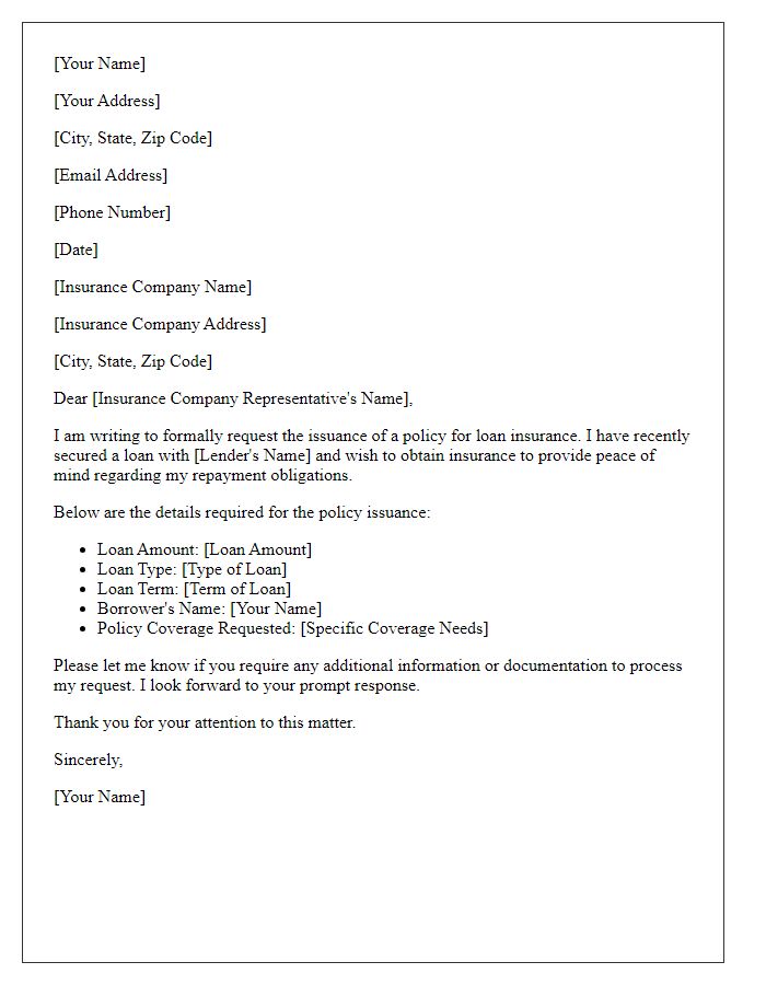 Letter template of policy issuance request for loan insurance.