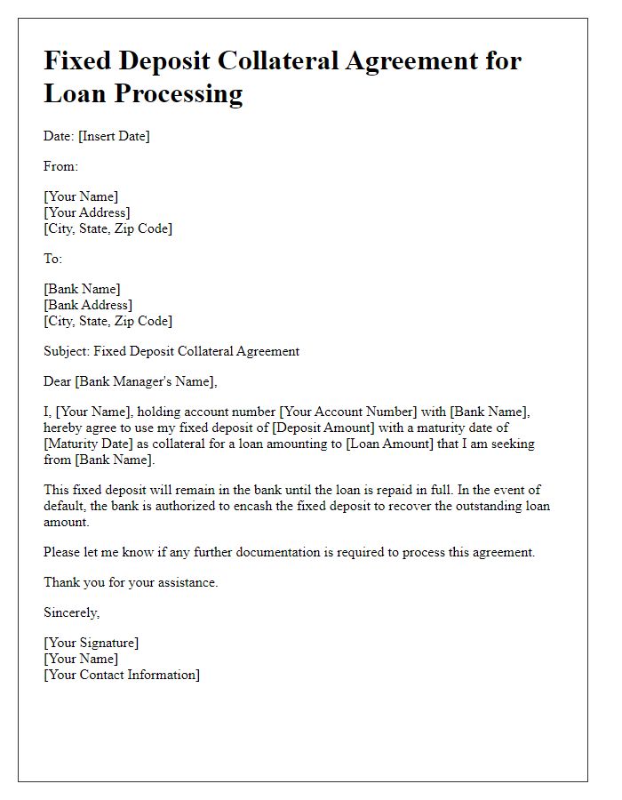 Letter template of fixed deposit collateral agreement for loan processing