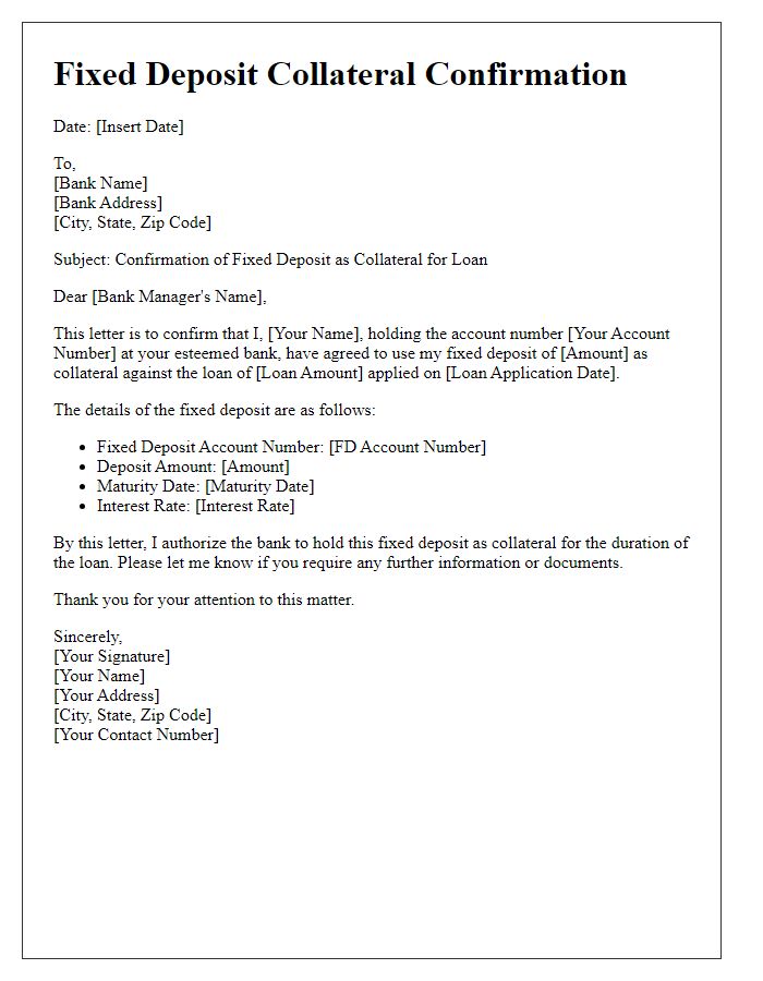 Letter template of fixed deposit collateral confirmation for bank loan