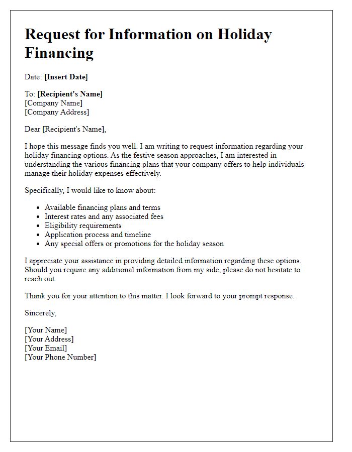 Letter template of information request for holiday financing