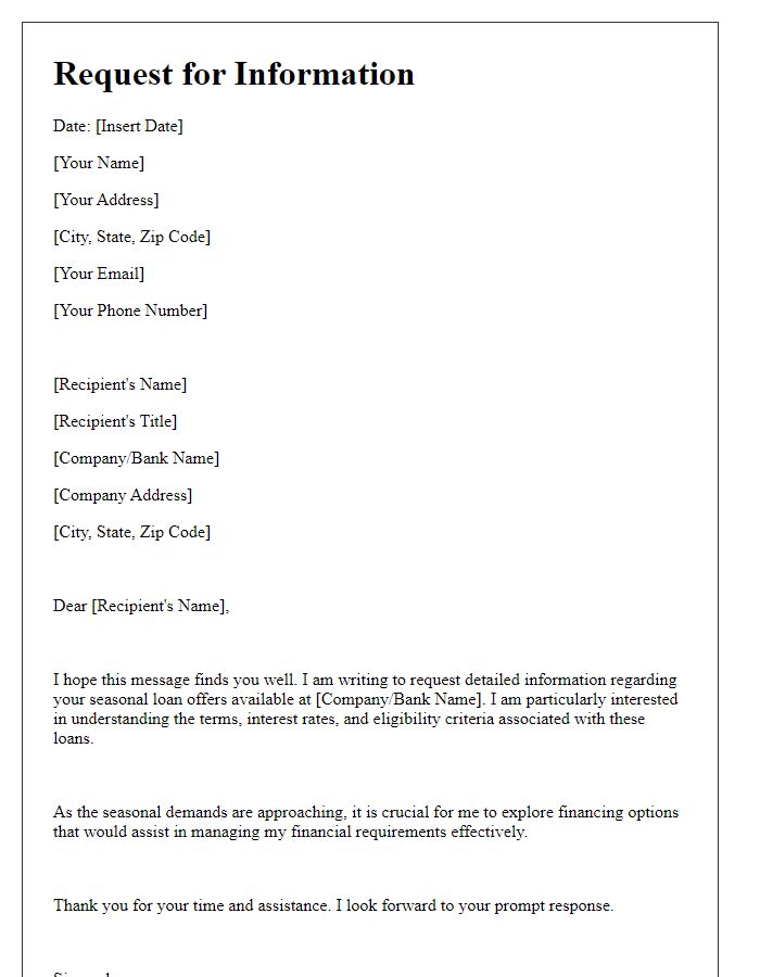 Letter template of request for details on seasonal loan offers