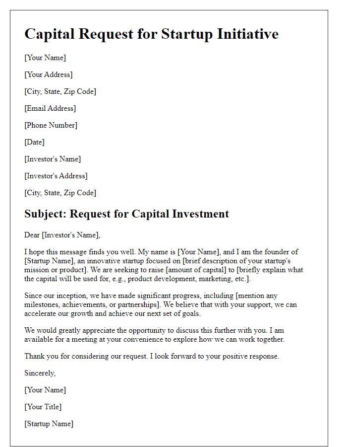 Letter template of capital request for startup initiative