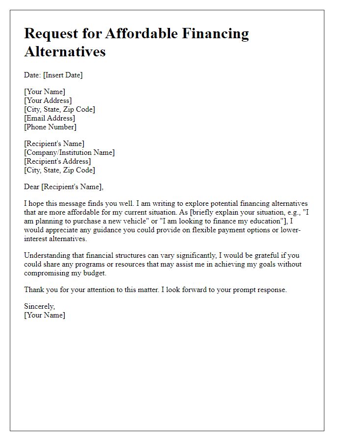 Letter template of asking for affordable financing alternatives