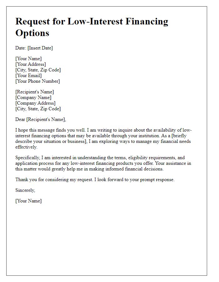 Letter template of request for low-interest financing options