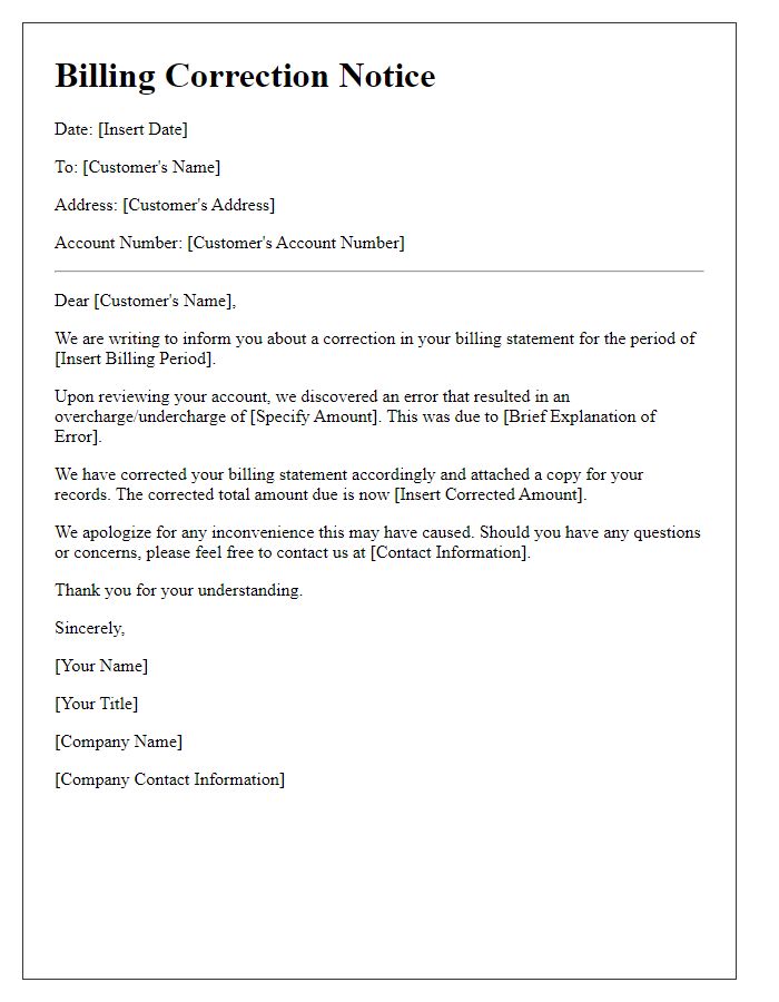 Letter template of Billing Correction Notice