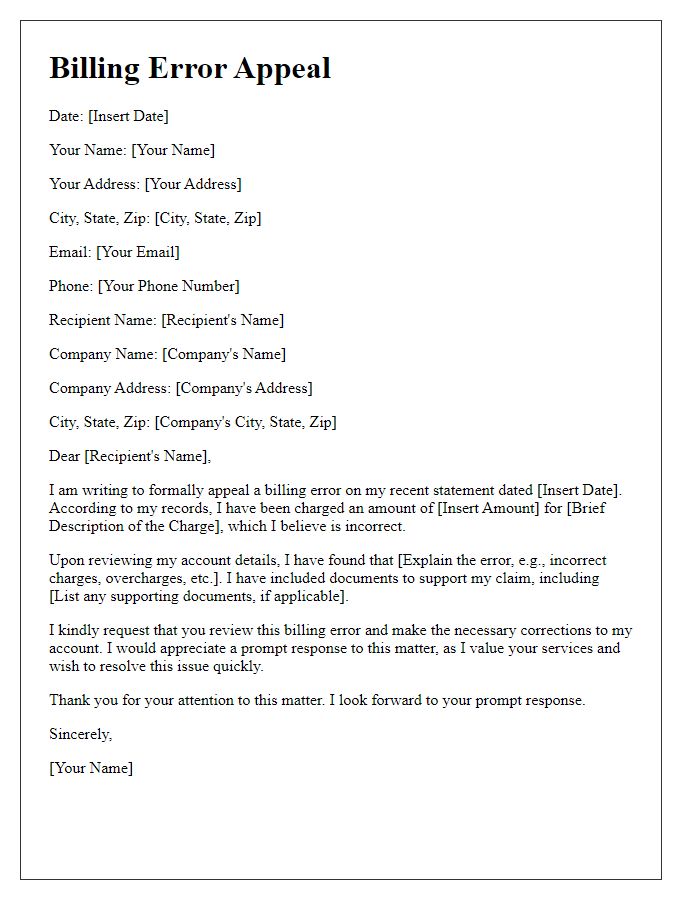 Letter template of Billing Error Appeal