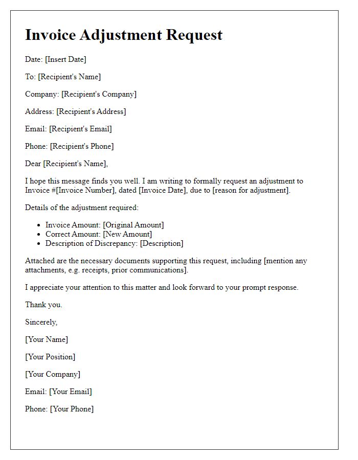 Letter template of Invoice Adjustment Request