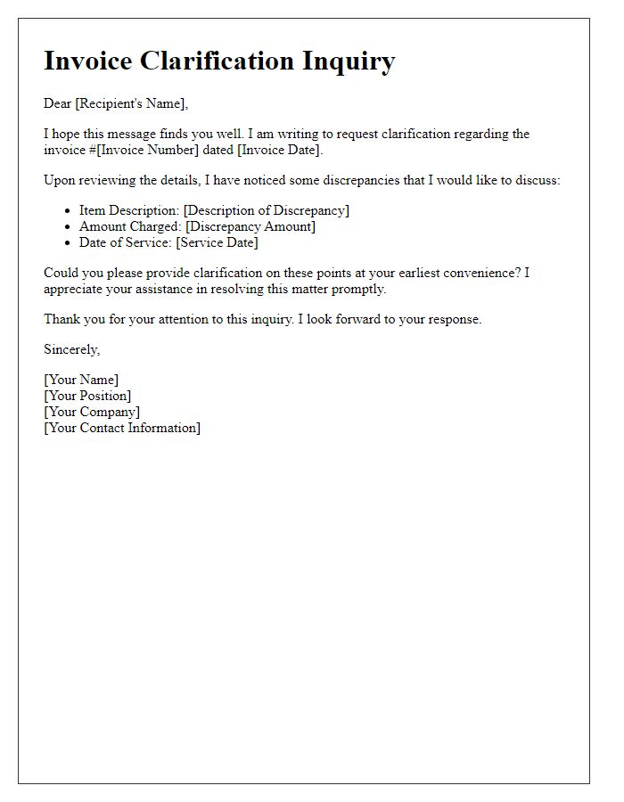 Letter template of Invoice Clarification Inquiry