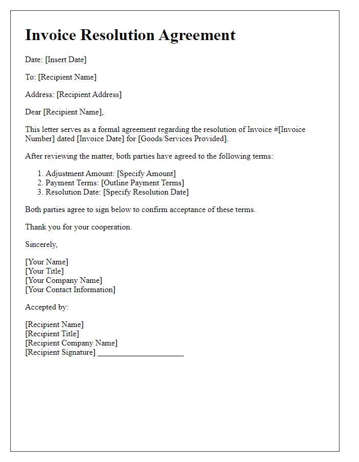 Letter template of Invoice Resolution Agreement