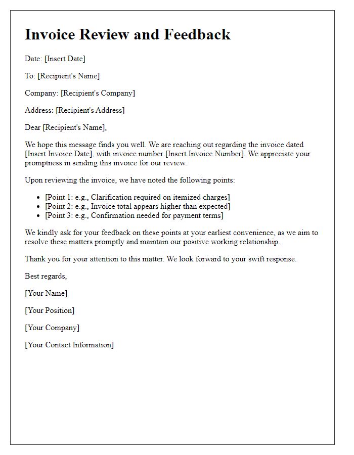 Letter template of Invoice Review and Feedback