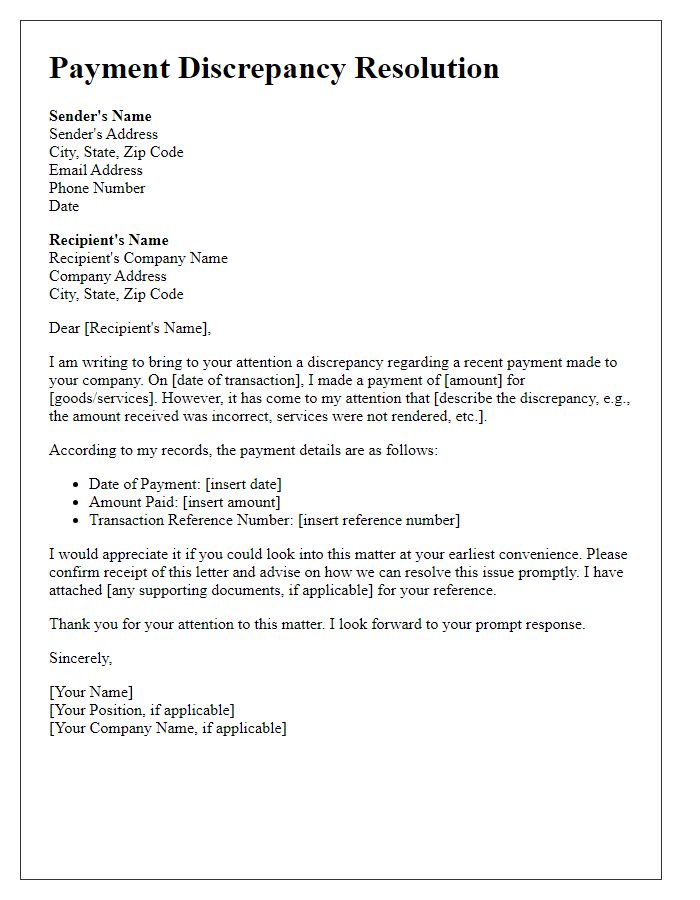 Letter template of Payment Discrepancy Resolution