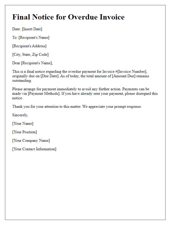 Letter template of final notice for overdue invoice payment.