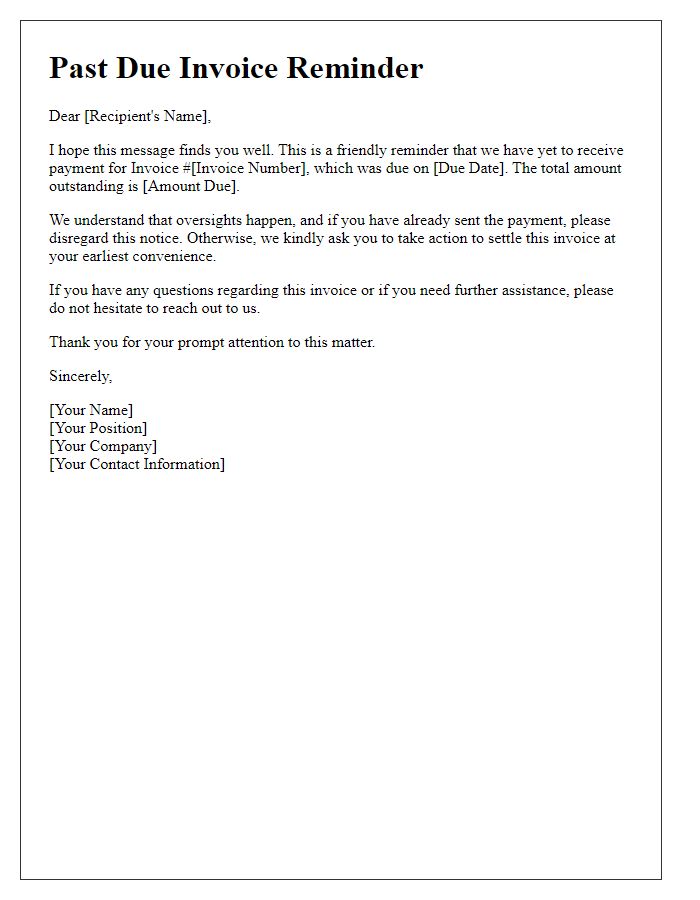 Letter template of past due invoice reminder for action.
