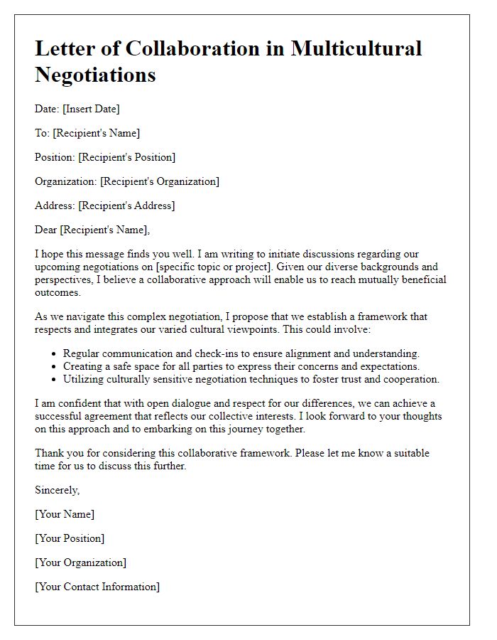 Letter template of collaborative approach in multicultural negotiations