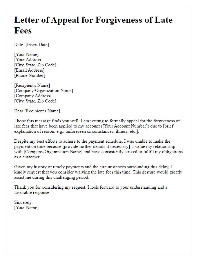 Letter template of appeal for forgiveness of late fees