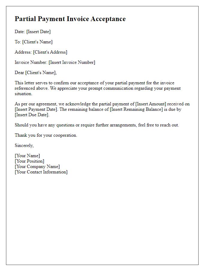 Letter template of partial payment invoice acceptance.