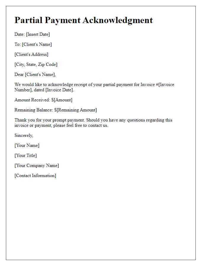 Letter template of partial payment invoice acknowledgment.