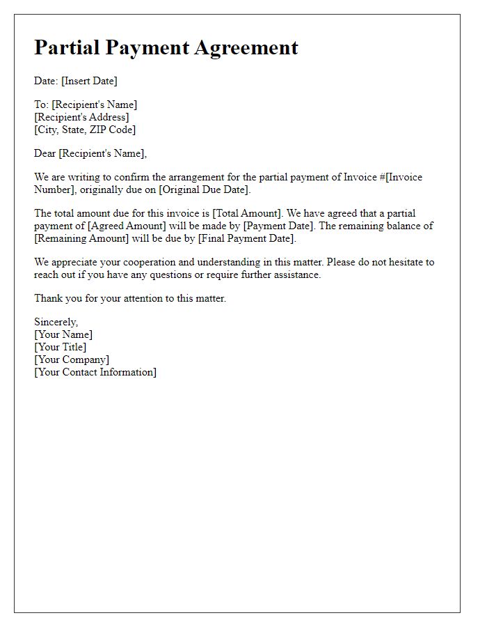 Letter template of partial payment invoice arrangement.