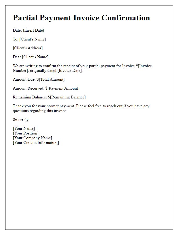 Letter template of partial payment invoice confirmation.