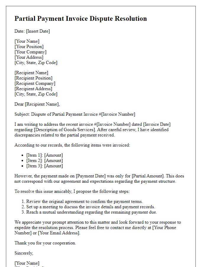 Letter template of partial payment invoice dispute resolution.