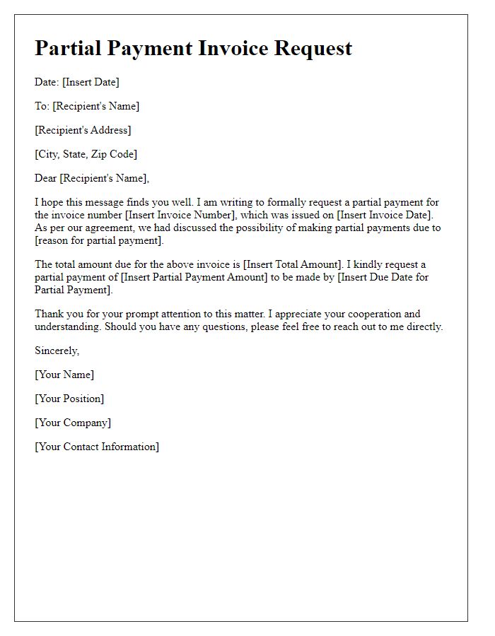 Letter template of partial payment invoice request.