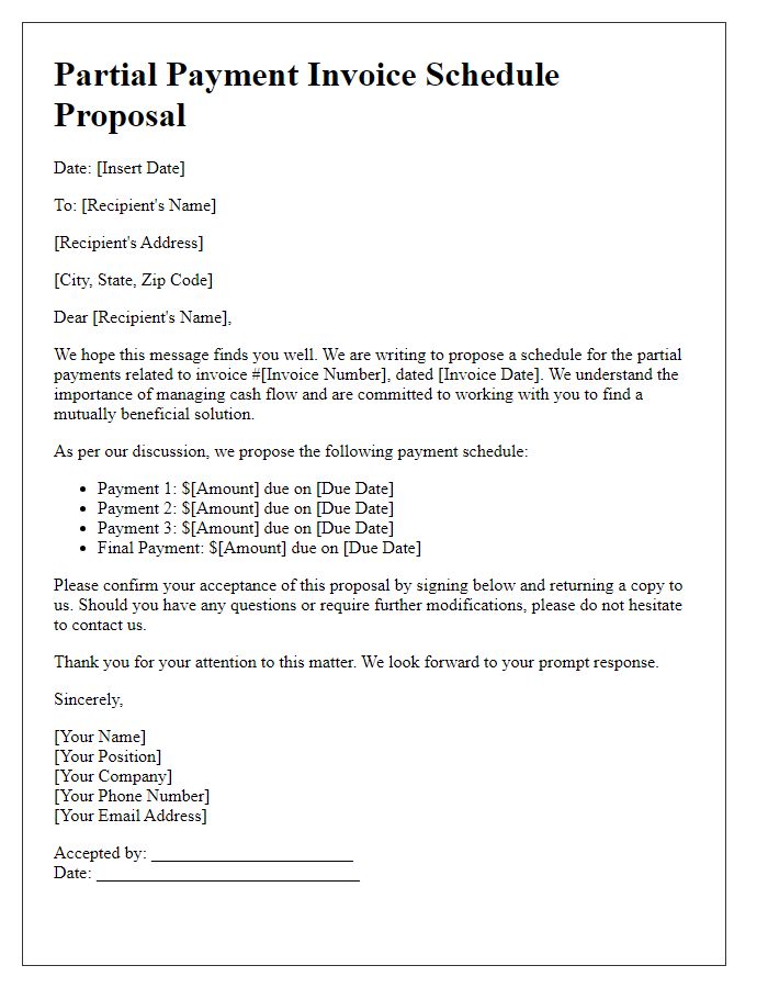 Letter template of partial payment invoice schedule proposal.