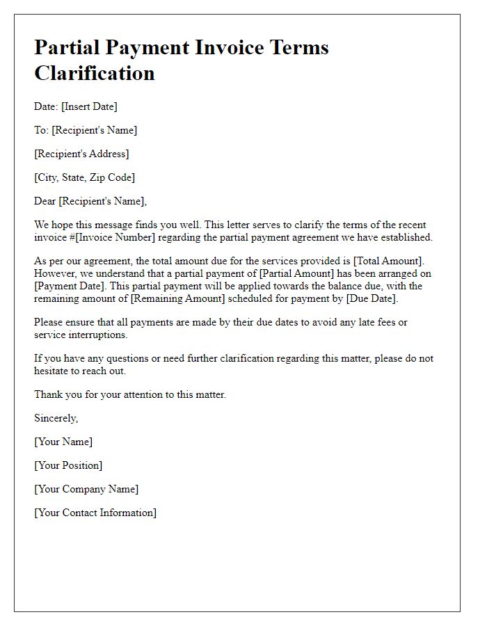 Letter template of partial payment invoice terms clarification.