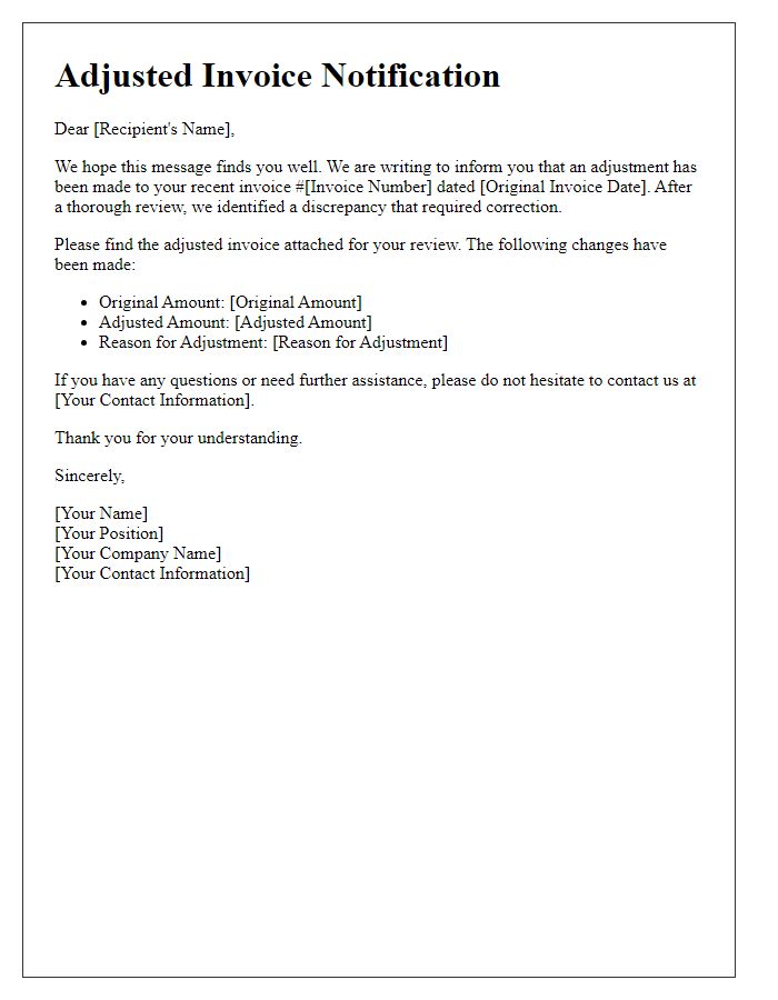 Letter template of Adjusted Invoice Notification