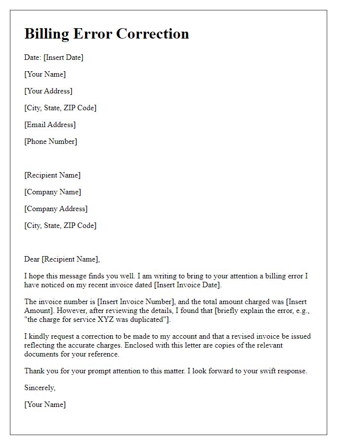 Letter template of Billing Error Correction