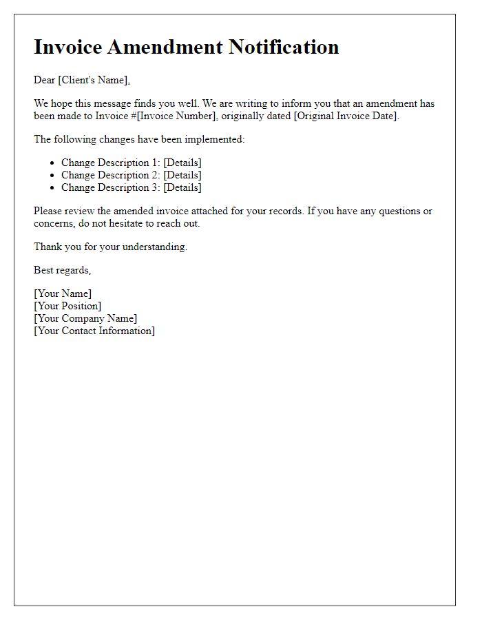 Letter template of Invoice Amendment Alert