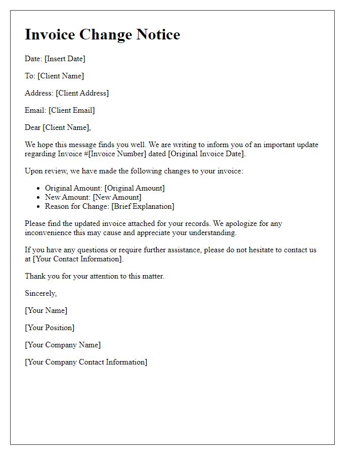 Letter template of Invoice Change Notice