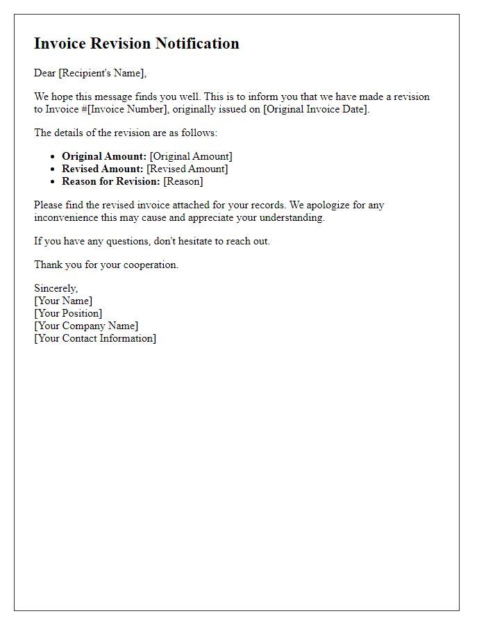 Letter template of Invoice Revision Notification