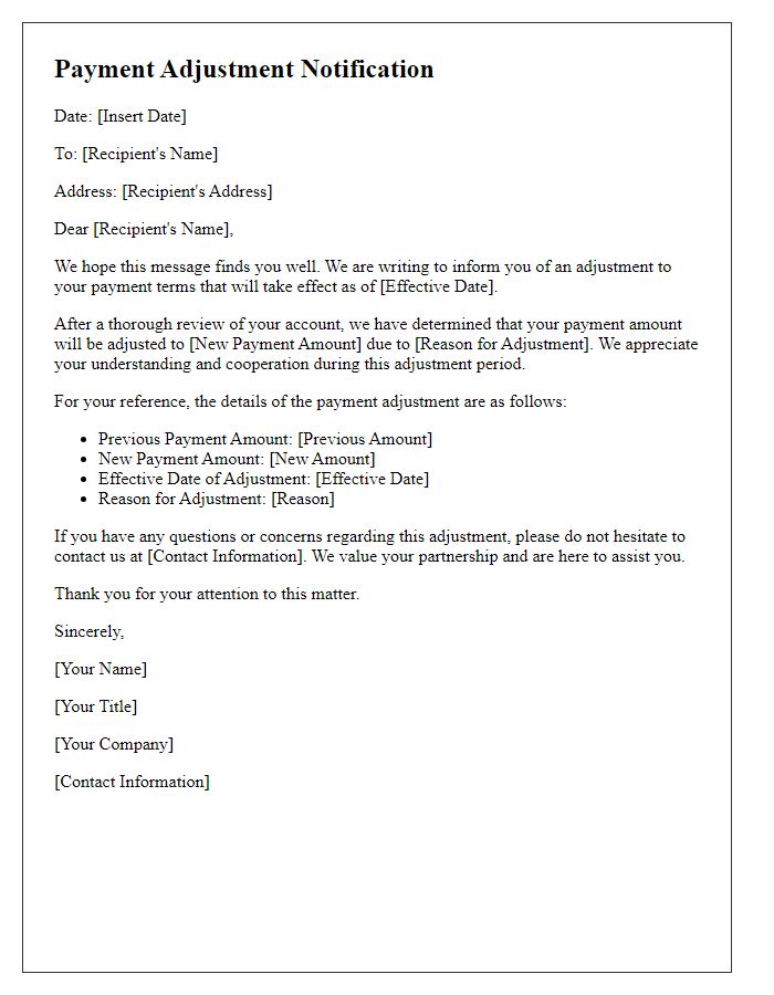 Letter template of Payment Adjustment Communication