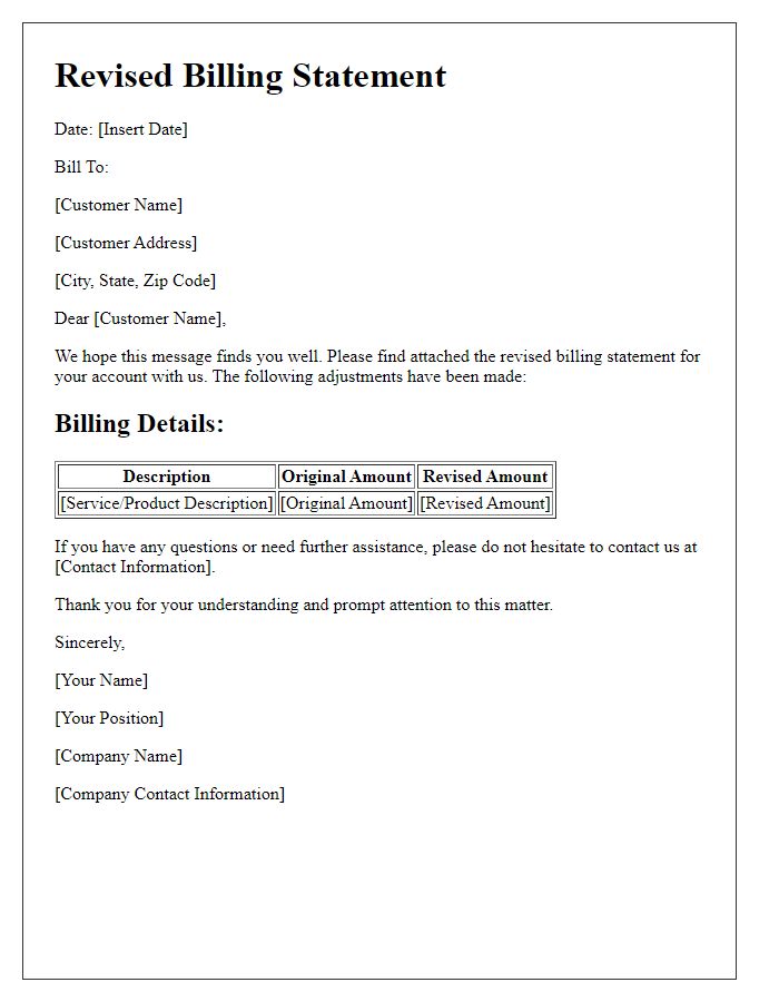 Letter template of Revised Billing Statement