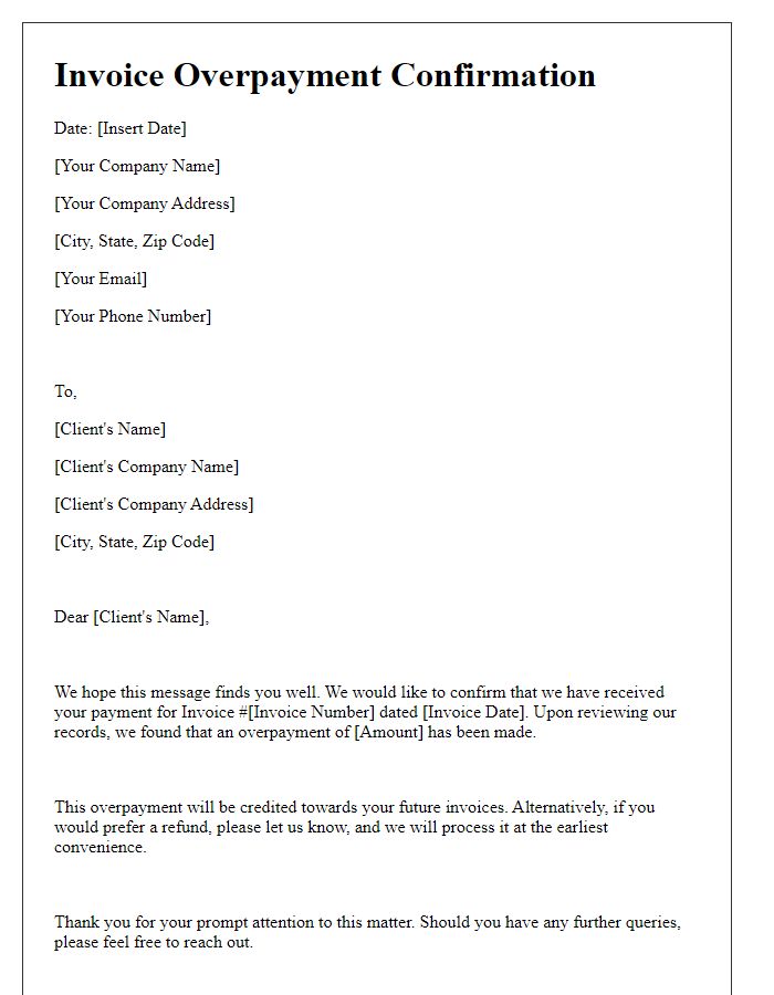 Letter template of invoice overpayment confirmation.