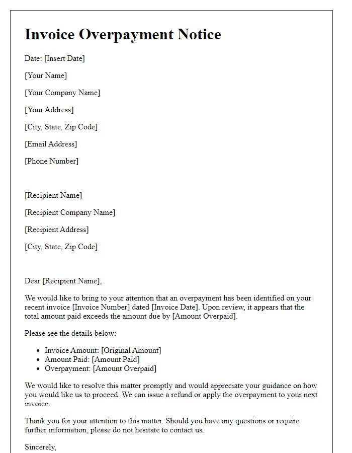 Letter template of notice for invoice overpayment.