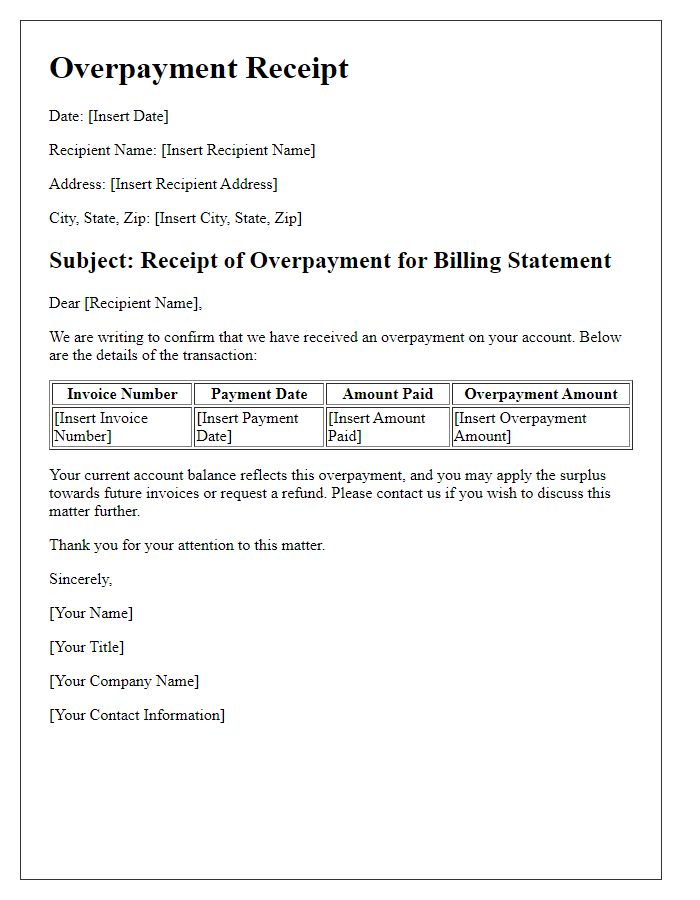 Letter template of overpayment receipt for billing statement.