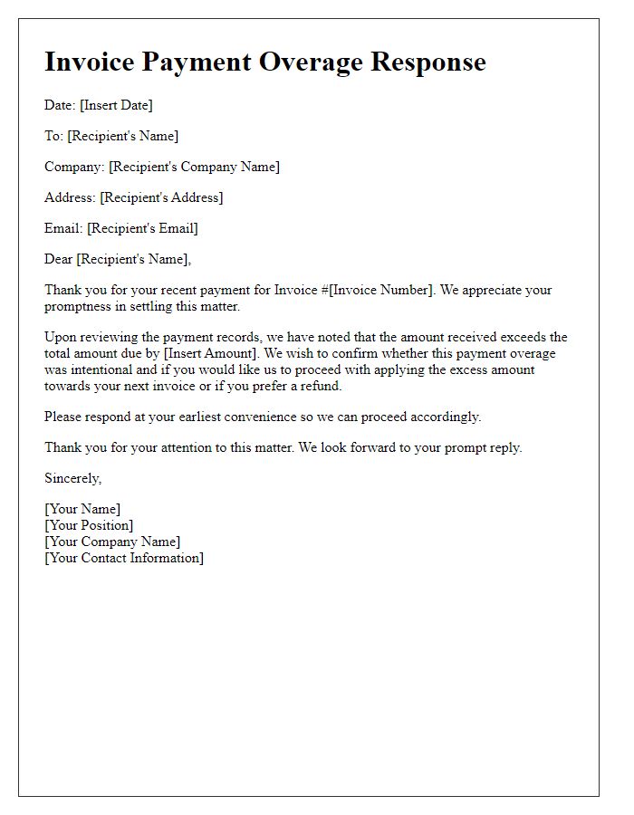 Letter template of response to invoice payment overage.