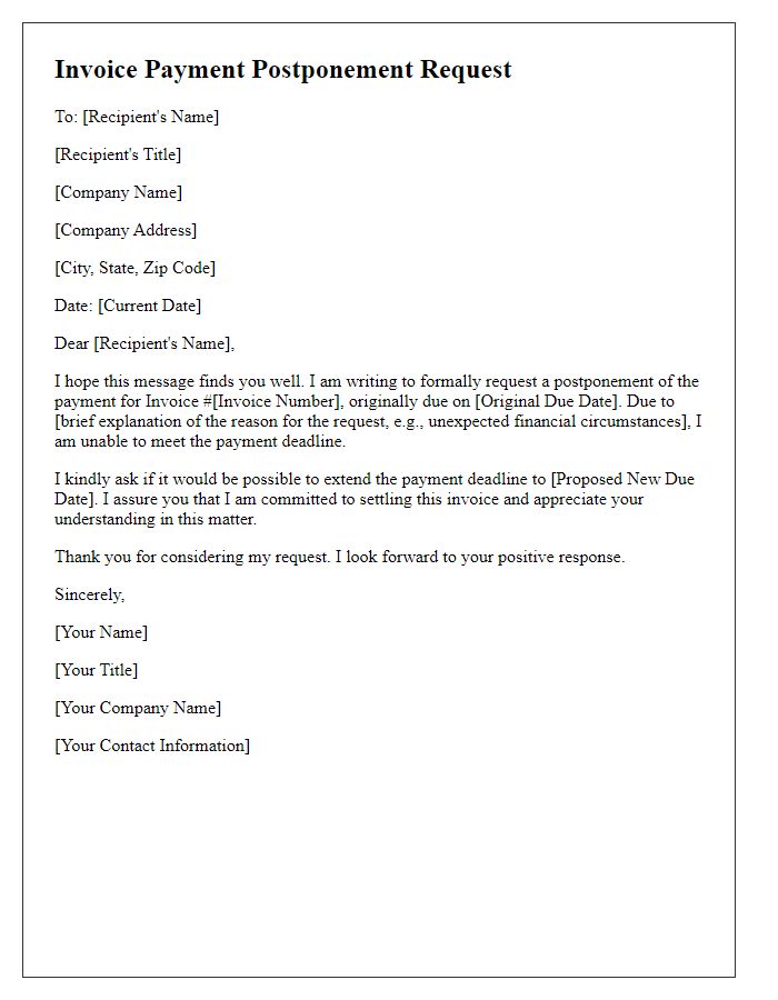 Letter template of invoice payment postponement request