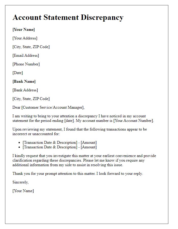 Letter template of account statement discrepancy