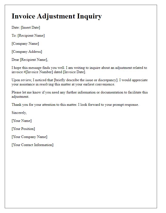 Letter template of invoice adjustment inquiry